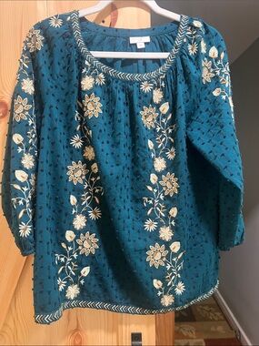J. Jill Teal Tunic with Cream Floral Embroidery size small